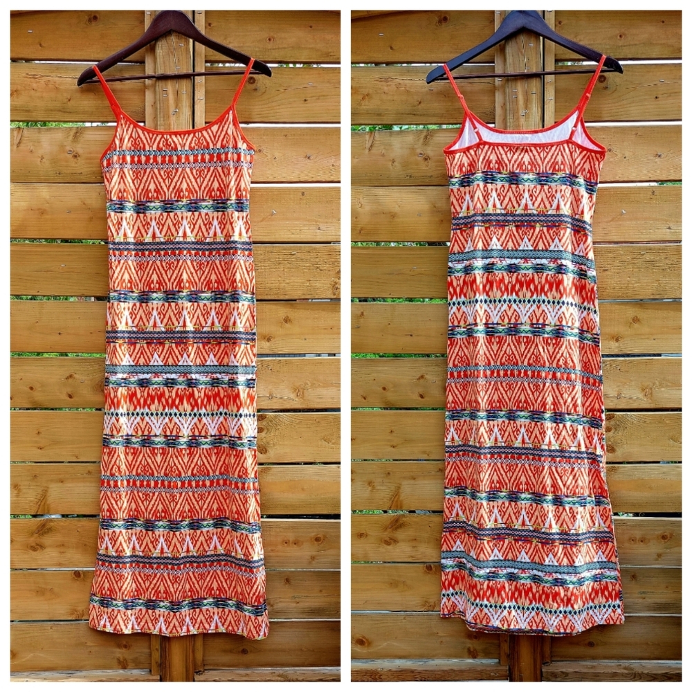 La Classe Couture orange red & white ikat print cotton/spandex maxi, L, NWOT